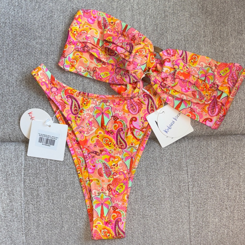 SET NWT Kulani Kinis Strapless Bandeau Bikini Top And High Leg Vintage Bottom